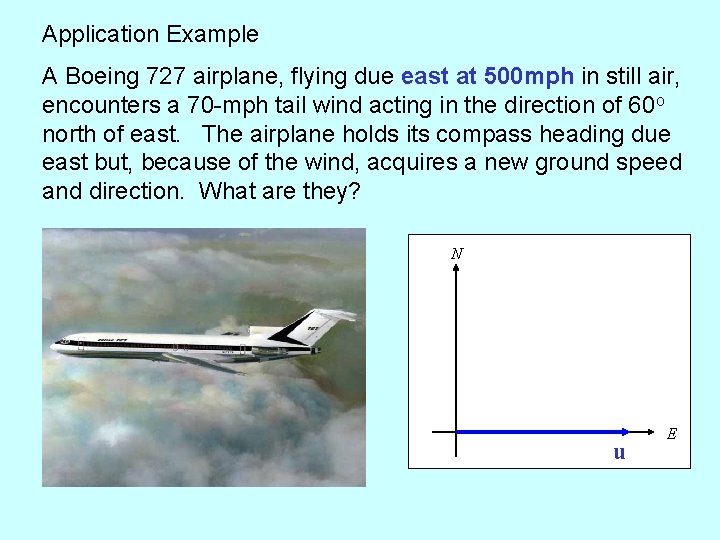 Application Example A Boeing 727 airplane, flying due east at 500 mph in still