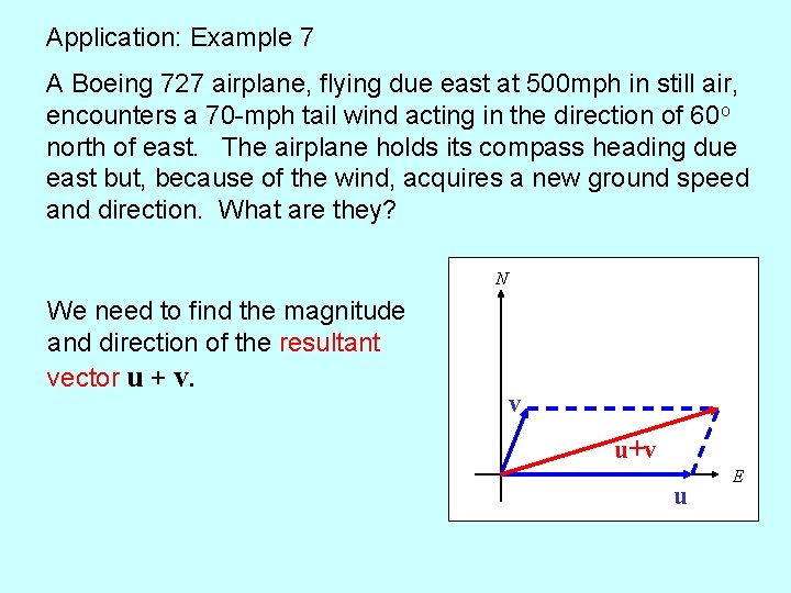 Application: Example 7 A Boeing 727 airplane, flying due east at 500 mph in