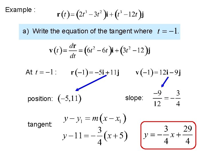 Example : a) Write the equation of the tangent where At position: tangent: :