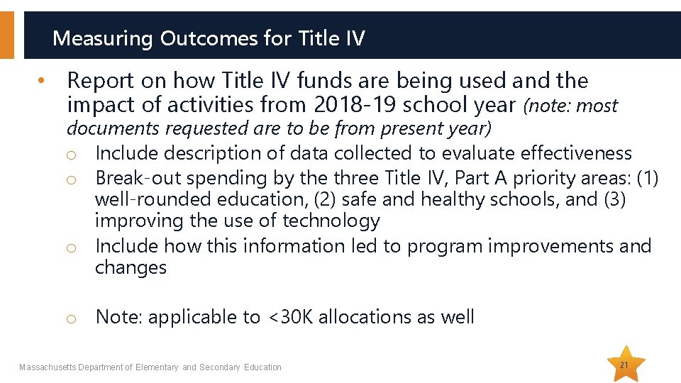 Measuring Outcomes for Title IV • Report on how Title IV funds are being Measuring Outcomes for Title IV • Report on how Title IV funds are being
