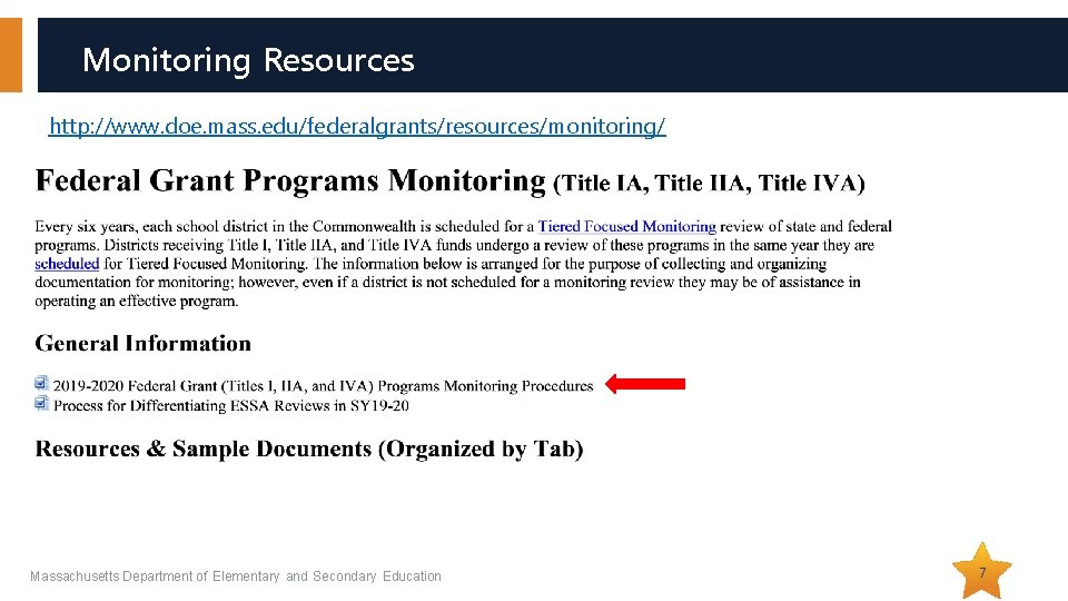 Monitoring Resources http: //www. doe. mass. edu/federalgrants/resources/monitoring/ Massachusetts Department of Elementary and Secondary Education Monitoring Resources http: //www. doe. mass. edu/federalgrants/resources/monitoring/ Massachusetts Department of Elementary and Secondary Education