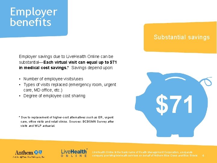Employer benefits Substantial savings Employer savings due to Live. Health Online can be substantial—Each