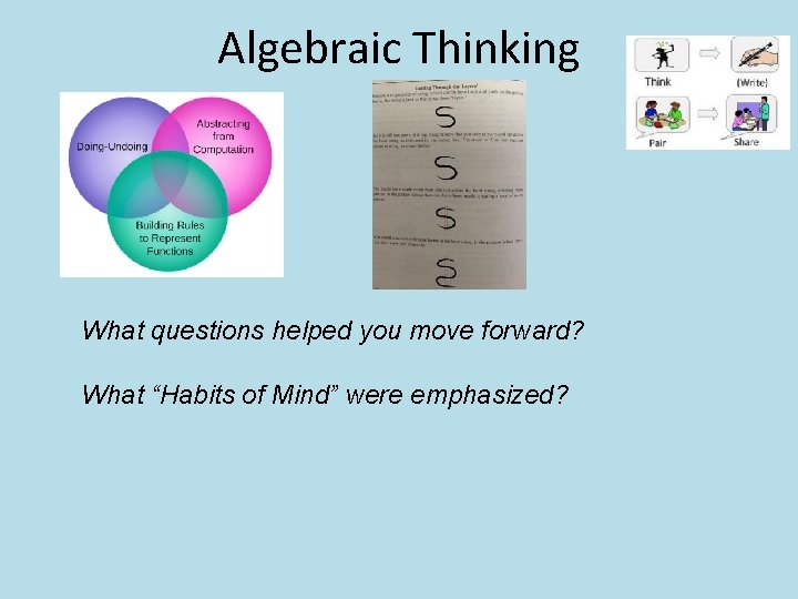 Algebraic Thinking What questions helped you move forward? What “Habits of Mind” were emphasized?