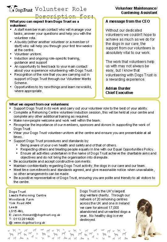 Volunteer Role Description for: What you can expect from Dogs Trust as a volunteer: