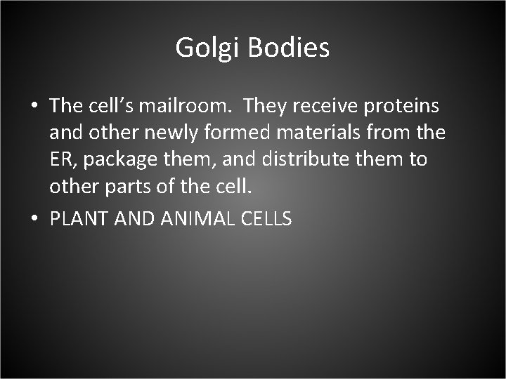 Golgi Bodies • The cell’s mailroom. They receive proteins and other newly formed materials