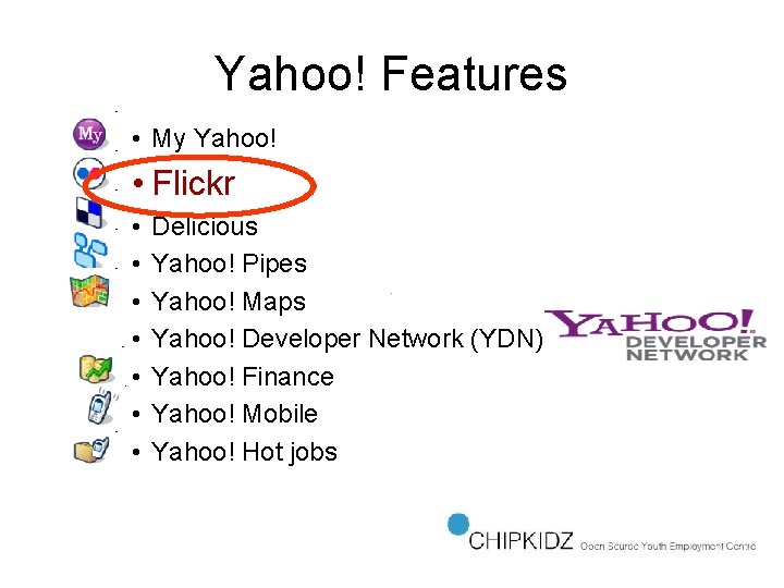 Yahoo! Features • My Yahoo! • Flickr • • Delicious Yahoo! Pipes Yahoo! Maps