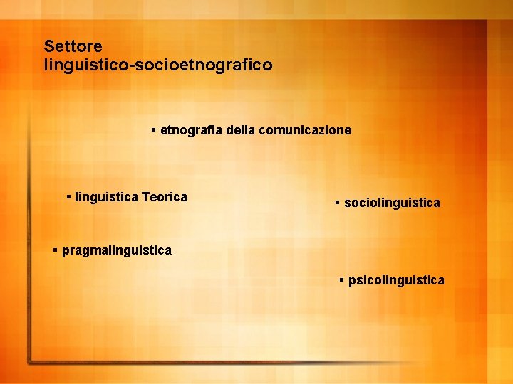 Settore linguistico-socioetnografico § etnografia della comunicazione § linguistica Teorica § sociolinguistica § pragmalinguistica §
