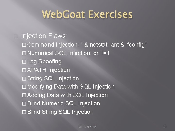 Web. Goat Exercises � Injection Flaws: � Command Injection: " & netstat -ant &
