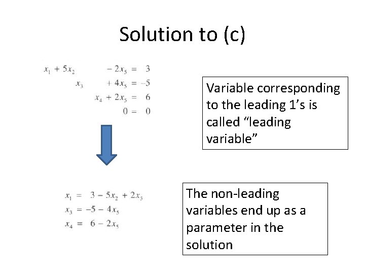 Solution to (c) Variable corresponding to the leading 1’s is called “leading variable” The