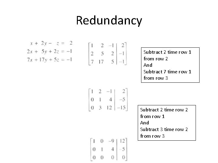 Redundancy Subtract 2 time row 1 from row 2 And Subtract 7 time row