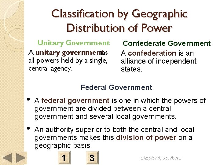 Classification by Geographic Distribution of Power Unitary Government A unitary government has all powers