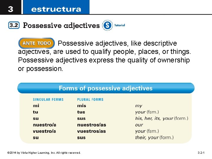 Possessive adjectives, like descriptive adjectives, are used to qualify people, places, or things. Possessive