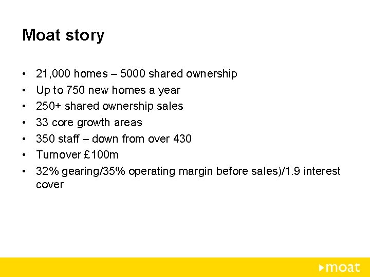 Moat story • • 21, 000 homes – 5000 shared ownership Up to 750