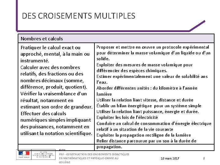 DES CROISEMENTS MULTIPLES Nombres et calculs Pratiquer le calcul exact ou approché, mental, à DES CROISEMENTS MULTIPLES Nombres et calculs Pratiquer le calcul exact ou approché, mental, à