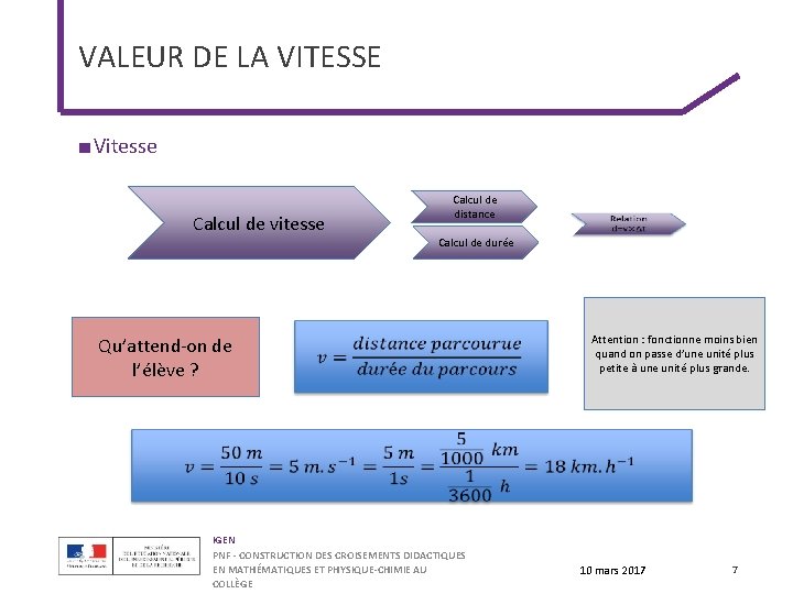 VALEUR DE LA VITESSE ■ Vitesse Calcul de vitesse Calcul de distance Calcul de VALEUR DE LA VITESSE ■ Vitesse Calcul de vitesse Calcul de distance Calcul de