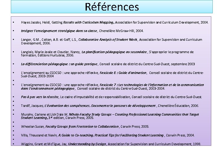 Références • Hayes Jacobs, Heidi, Getting Results with Curriculum Mapping, Association for Supervision and