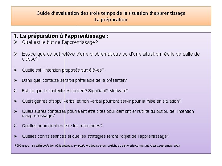 Guide d’évaluation des trois temps de la situation d’apprentissage La préparation 1. La préparation