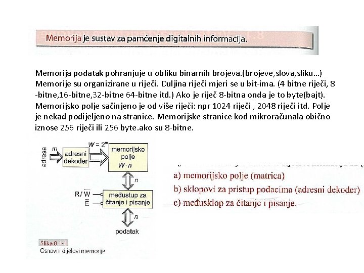 Memorija podatak pohranjuje u obliku binarnih brojeva. (brojeve, slova, sliku…) Memorije su organizirane u