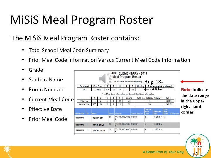 Mi. S Meal Program Roster The Mi. S Meal Program Roster contains: • Total