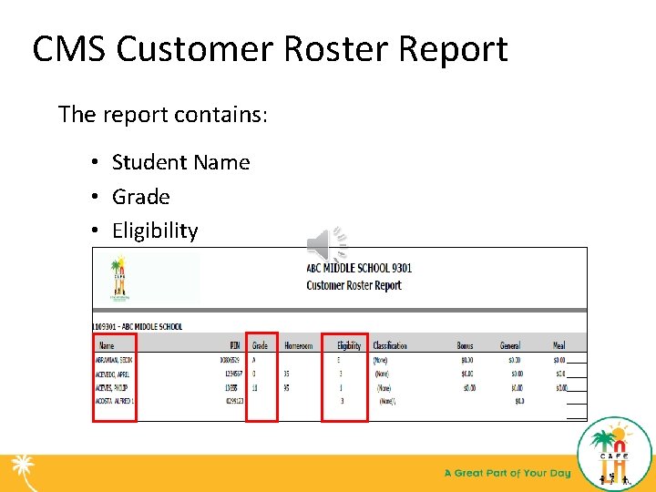 CMS Customer Roster Report The report contains: • Student Name • Grade • Eligibility