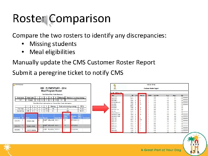 Roster Comparison Compare the two rosters to identify any discrepancies: • Missing students •