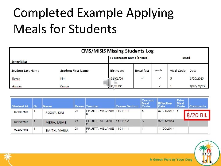 Completed Example Applying Meals for Students 8/20 B L 