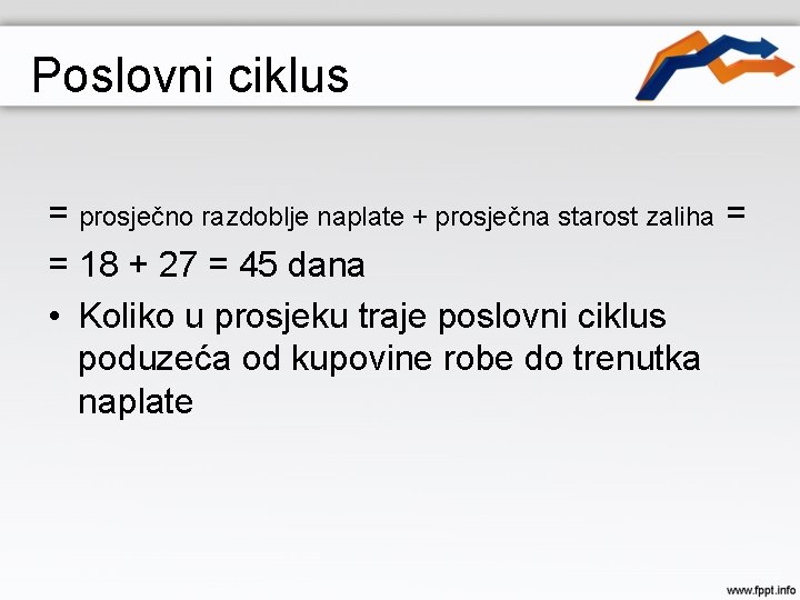 Poslovni ciklus = prosječno razdoblje naplate + prosječna starost zaliha = = 18 +