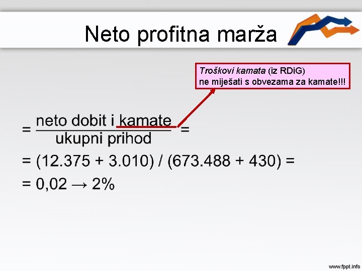 Neto profitna marža Troškovi kamata (iz RDi. G) RDi. G ne miješati s obvezama