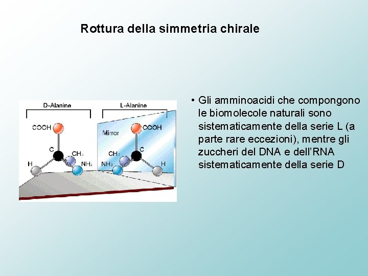 Rottura della simmetria chirale • Gli amminoacidi che compongono le biomolecole naturali sono sistematicamente