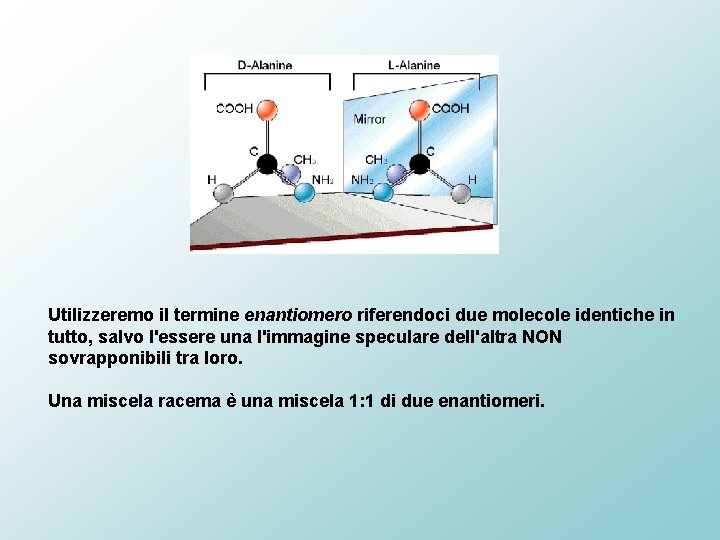 Utilizzeremo il termine enantiomero riferendoci due molecole identiche in tutto, salvo l'essere una l'immagine