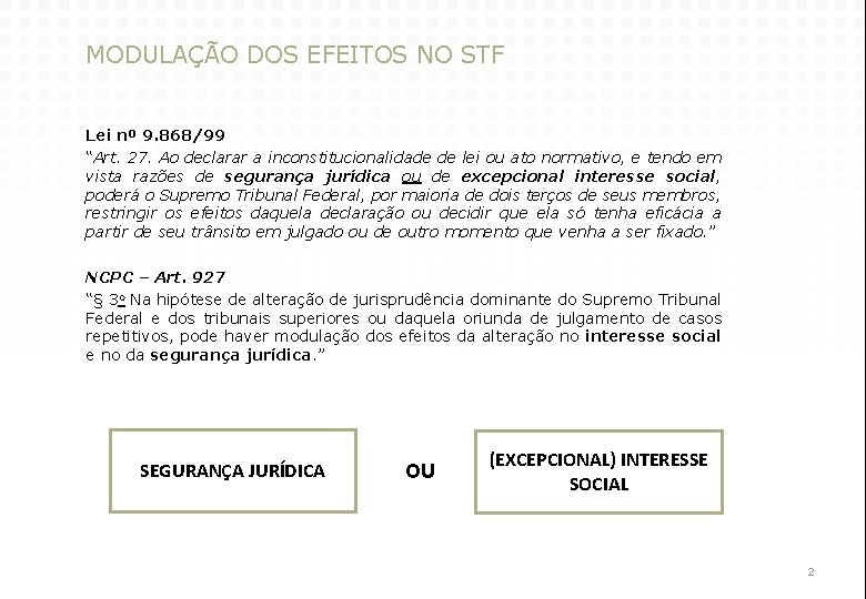 MODULAÇÃO DOS EFEITOS NO STF Lei nº 9. 868/99 “Art. 27. Ao declarar a