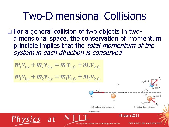 Two-Dimensional Collisions q For a general collision of two objects in twodimensional space, the
