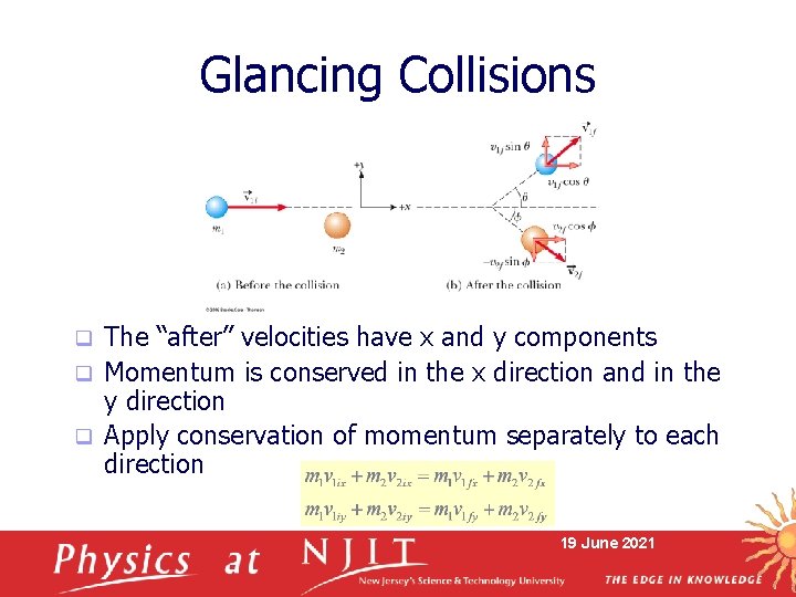 Glancing Collisions The “after” velocities have x and y components q Momentum is conserved