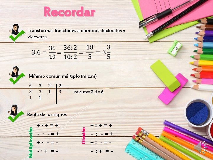 Recordar Transformar fracciones a números decimales y viceversa 3, 6 = Mínimo común múltiplo