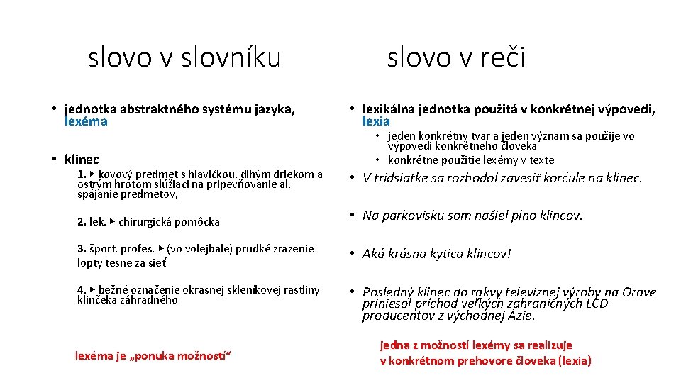 slovo v slovníku • jednotka abstraktného systému jazyka, lexéma • klinec 1. ▶ kovový