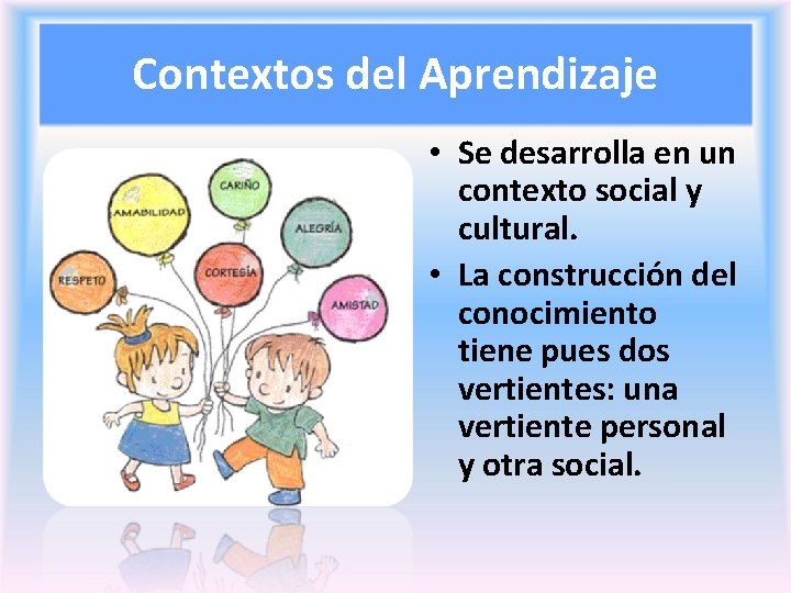 Contextos del Aprendizaje • Se desarrolla en un contexto social y cultural. • La