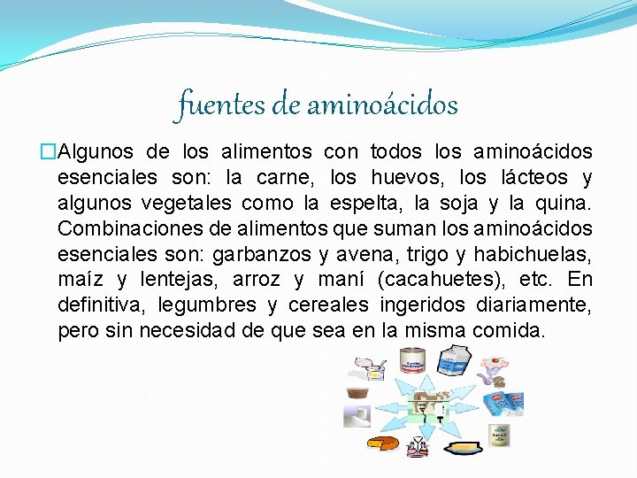 fuentes de aminoácidos �Algunos de los alimentos con todos los aminoácidos esenciales son: la