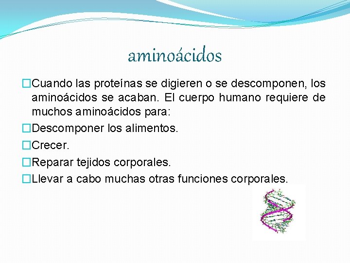 aminoácidos �Cuando las proteínas se digieren o se descomponen, los aminoácidos se acaban. El