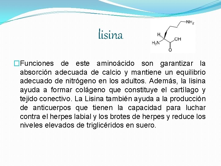lisina �Funciones de este aminoácido son garantizar la absorción adecuada de calcio y mantiene