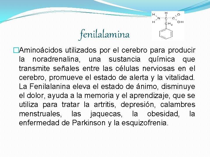 fenilalamina �Aminoácidos utilizados por el cerebro para producir la noradrenalina, una sustancia química que