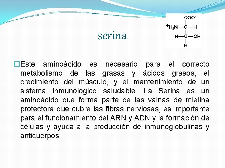 serina �Este aminoácido es necesario para el correcto metabolismo de las grasas y ácidos