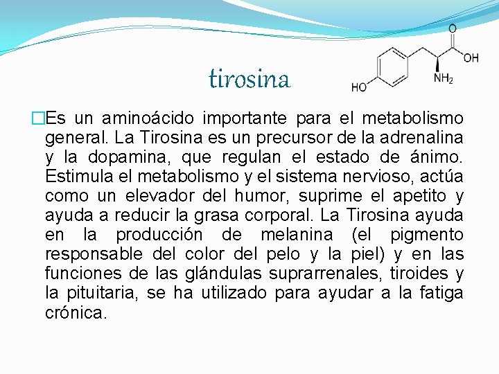 tirosina �Es un aminoácido importante para el metabolismo general. La Tirosina es un precursor