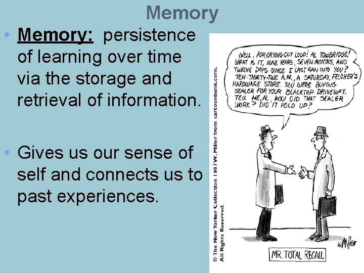 Memory • Memory: persistence of learning over time via the storage and retrieval of