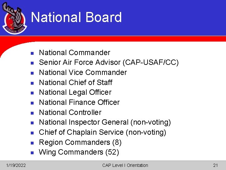 National Board n n n 1/19/2022 National Commander Senior Air Force Advisor (CAP-USAF/CC) National