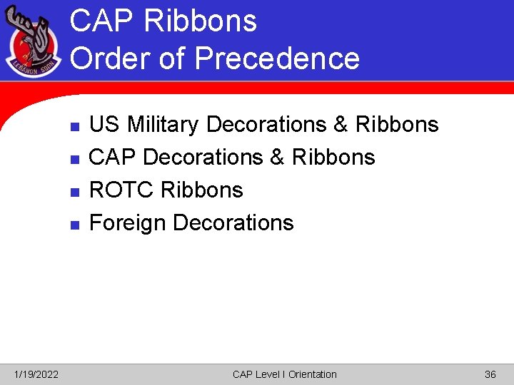 CAP Ribbons Order of Precedence n n 1/19/2022 US Military Decorations & Ribbons CAP