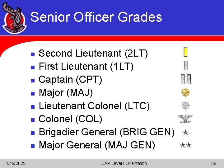 Senior Officer Grades n n n n 1/19/2022 Second Lieutenant (2 LT) First Lieutenant