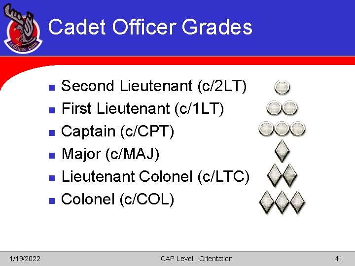 Cadet Officer Grades n n n 1/19/2022 Second Lieutenant (c/2 LT) First Lieutenant (c/1