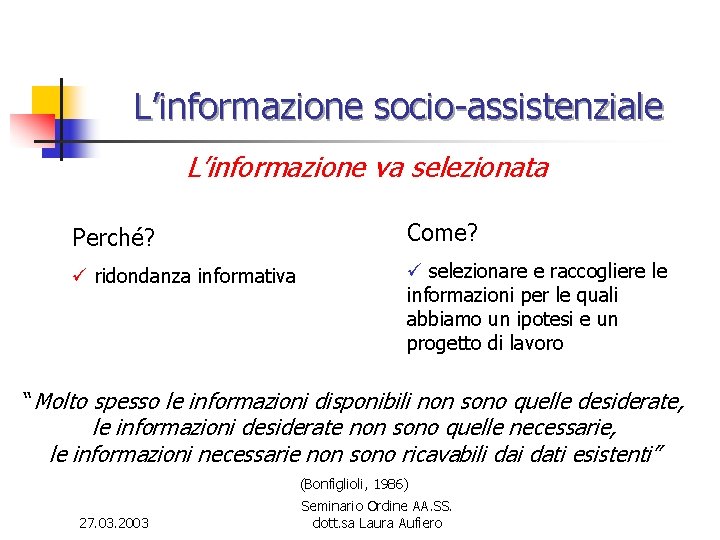 L’informazione socio-assistenziale L’informazione va selezionata Perché? Come? ü ridondanza informativa ü selezionare e raccogliere