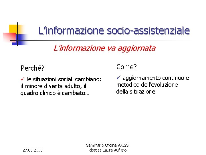 L’informazione socio-assistenziale L’informazione va aggiornata Perché? Come? ü le situazioni sociali cambiano: il minore