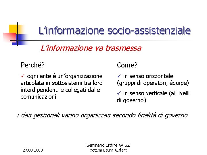 L’informazione socio-assistenziale L’informazione va trasmessa Perché? Come? ü ogni ente è un’organizzazione articolata in